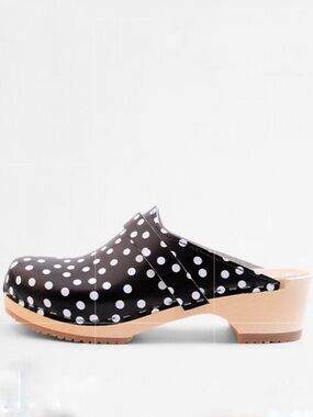 Verka Black White Polka Dot Leather Clogs Swedish Wood Heel Slip On Shoes